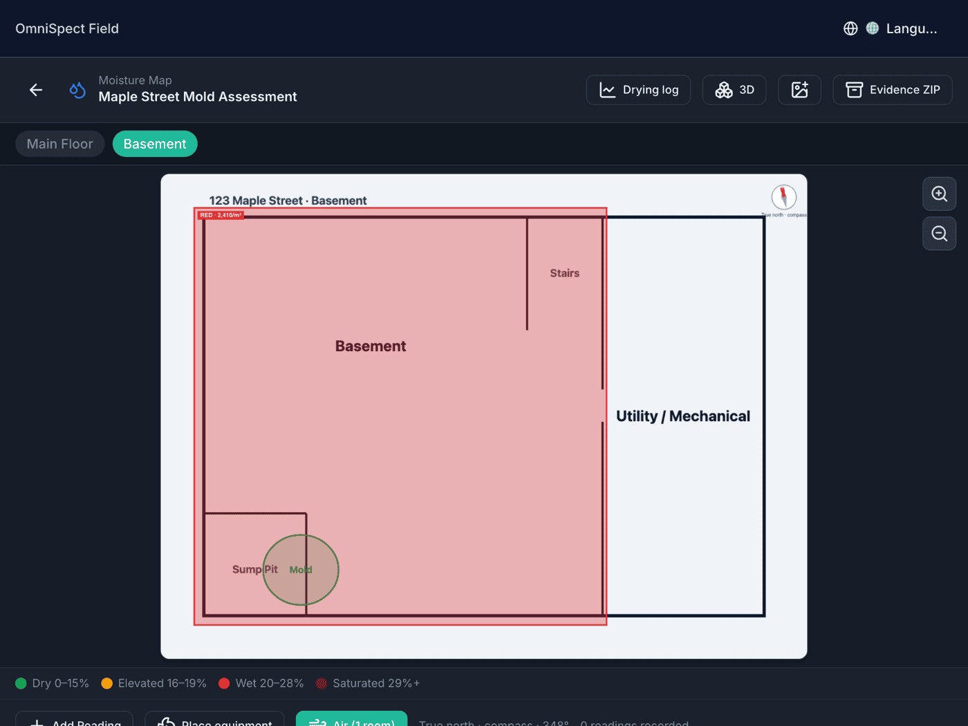 Air-sample heat map on the basement floor plan: the whole basement room tinted red from its indoor cassette result, with the air layer button showing one room measured.