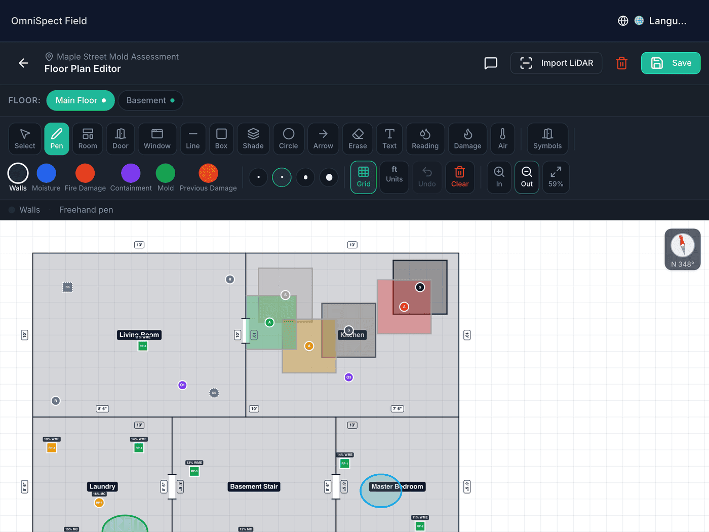 Floor-plan editor with the kitchen fire scope: soot-level shading over the range wall, ceiling and upper cabinets, odor and restoration-action pins, and the north dial set to 348 degrees.