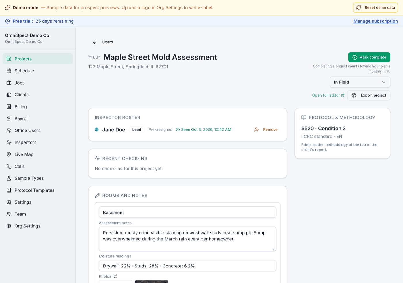 Office project page for Maple Street: inspector roster, protocol and methodology card, and rooms and notes with recorded moisture readings.