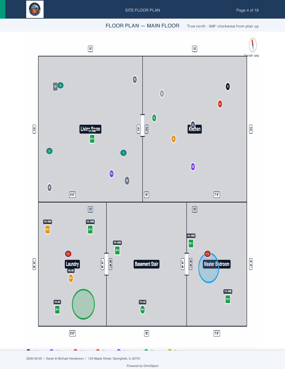 Page four of the client PDF report: the main-floor site plan with numbered finding pins, station readings, dimensions and the north caption.